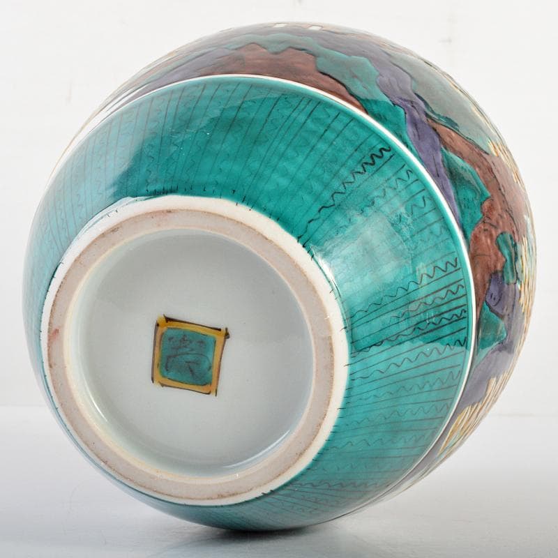 九谷焼　三代三ツ井為吉作　色絵山水紋　花生　共布共箱　M　R6752B