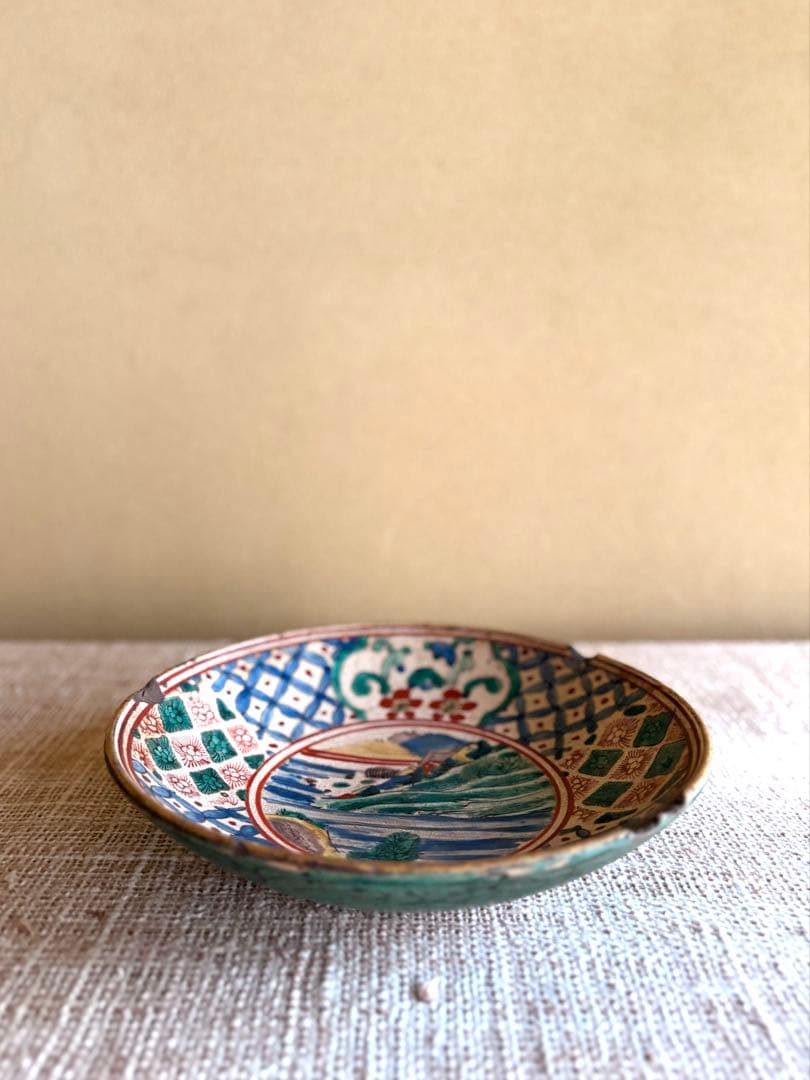 古九谷焼【骨董品/幕末】希少 色絵 山水花紋 深皿 深鉢 青九谷 古美術