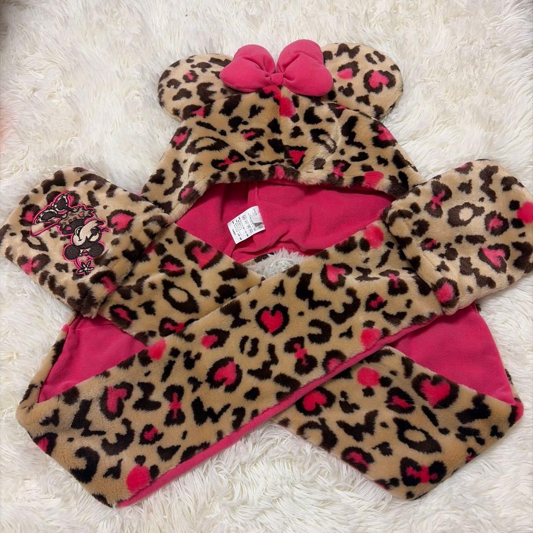 ディズニー　マフラーキャップ　ファンキャップ　ミニー　茶色　ヒョウ柄