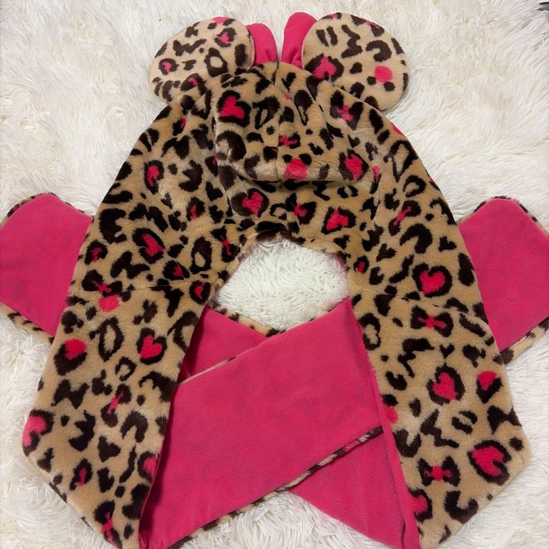 ディズニー　マフラーキャップ　ファンキャップ　ミニー　茶色　ヒョウ柄