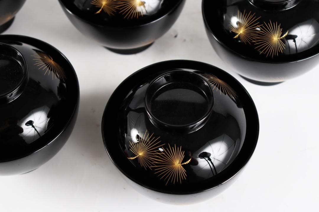 輪島塗 吸物椀 飛花沈金 高出英次　黒 5客　天然漆 天然木