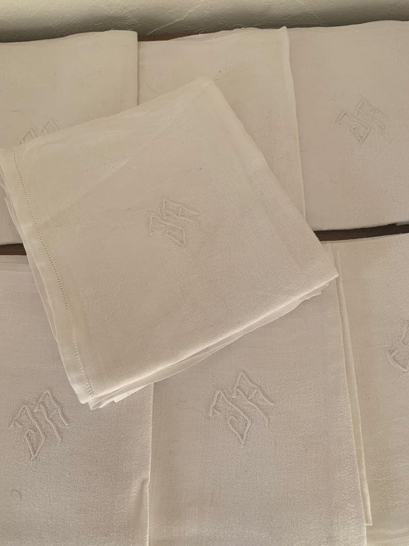 フランス　蚤の市　イニシャル刺繍　コットン　クロス　12枚セット