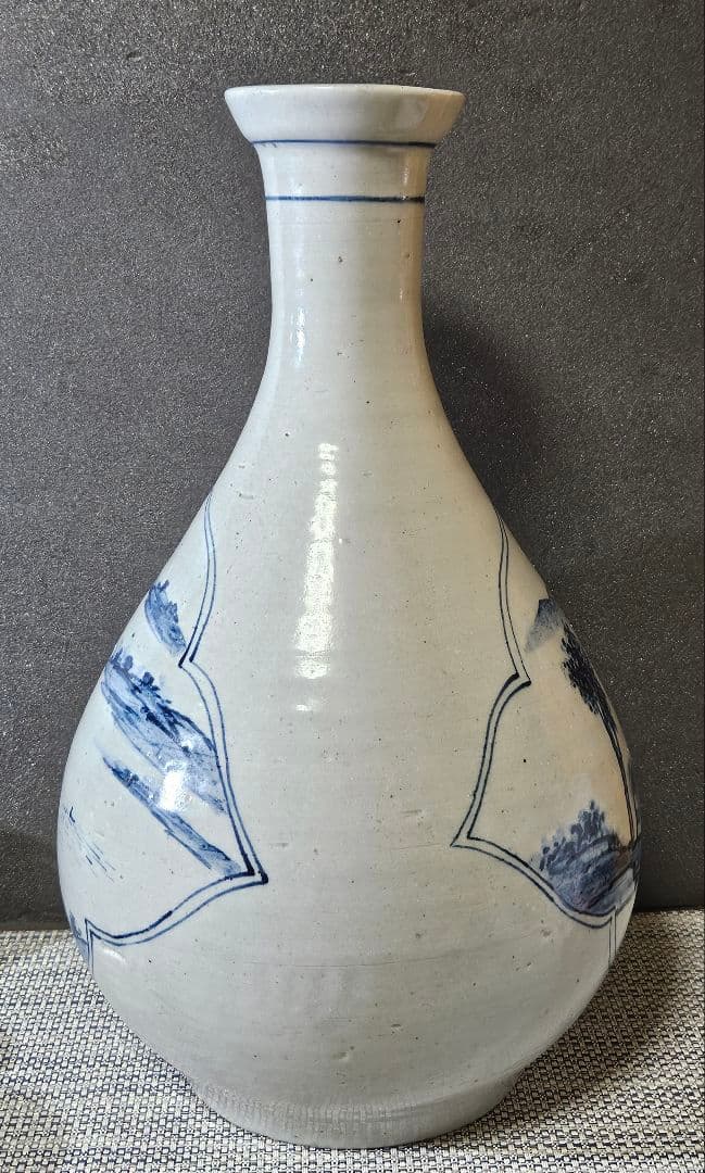 李朝　青華　染付　楼閣山水人物図　大瓶 大壺　高 約37.2cm　韓国古美術