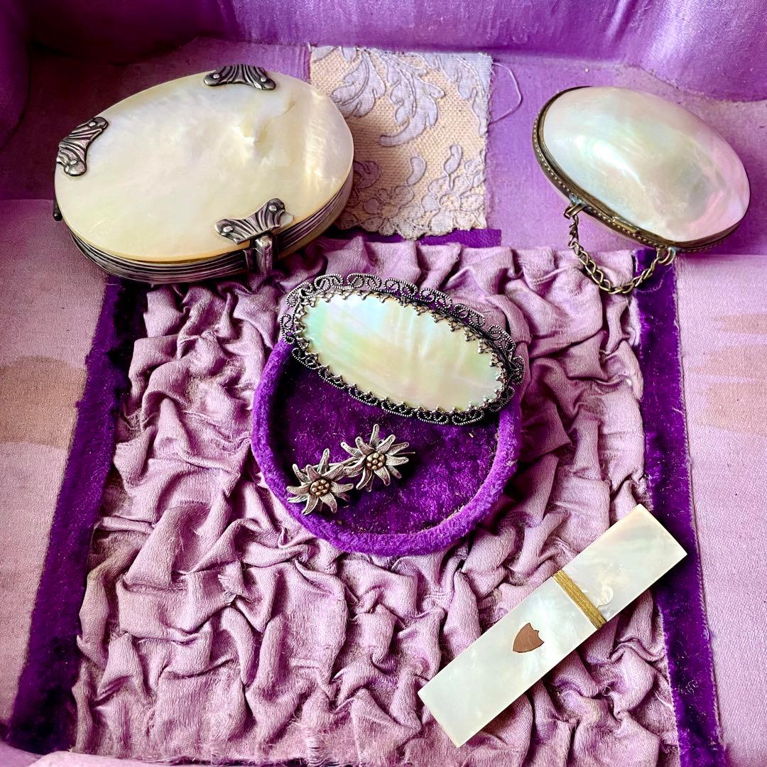 純銀製エーデルワイスブローチ&白蝶貝ブローチ　フランスアンティークヴィンテージ