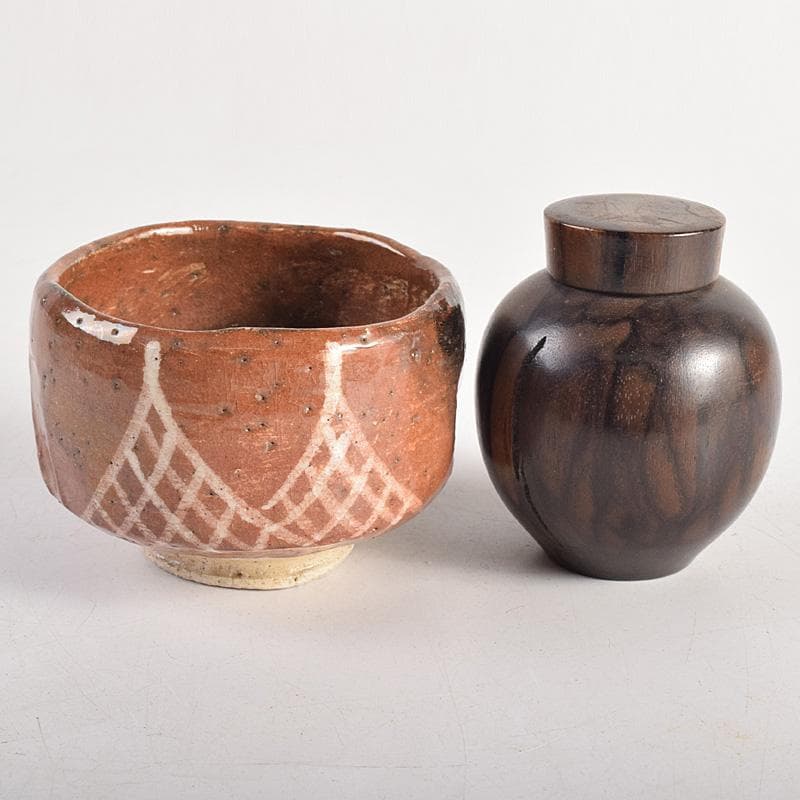 茶道具　時代　桐木地　茶箱　赤楽茶碗　黒柿茶壷など　五点　一式　D　R8789