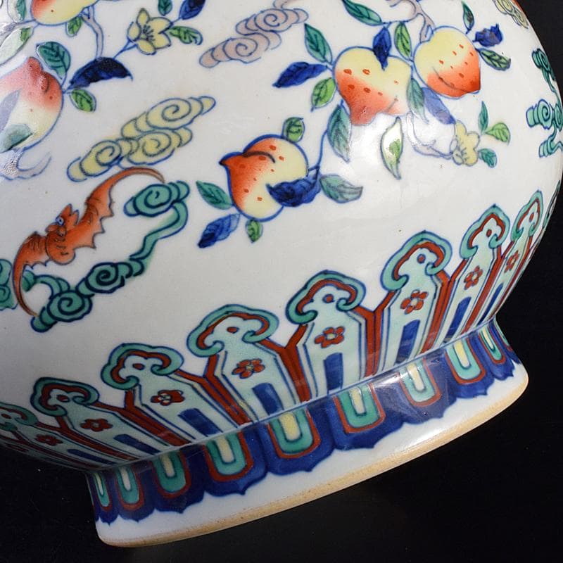 中国　大清雍正年製款　色絵　桃蝙蝠図　花生　時代箱付　M　R7657B