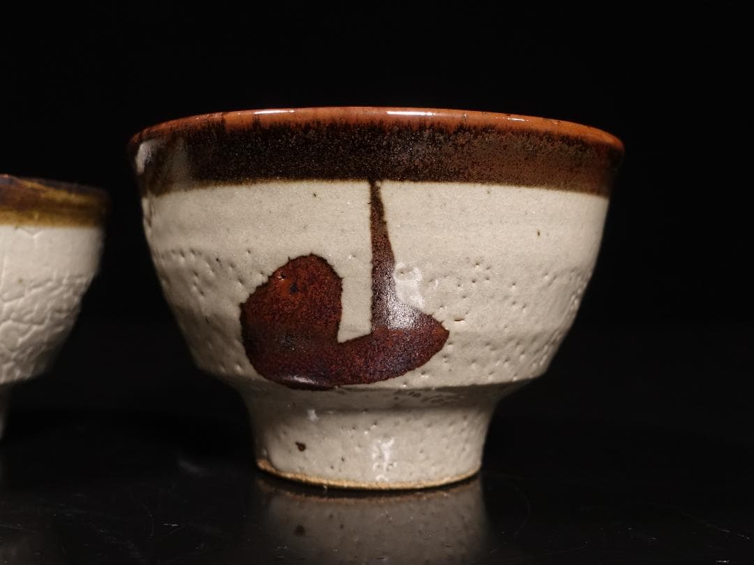 人間国宝 濱田庄司の次男 濱田晋作 鉄絵茶碗 貴重な3客組 共箱