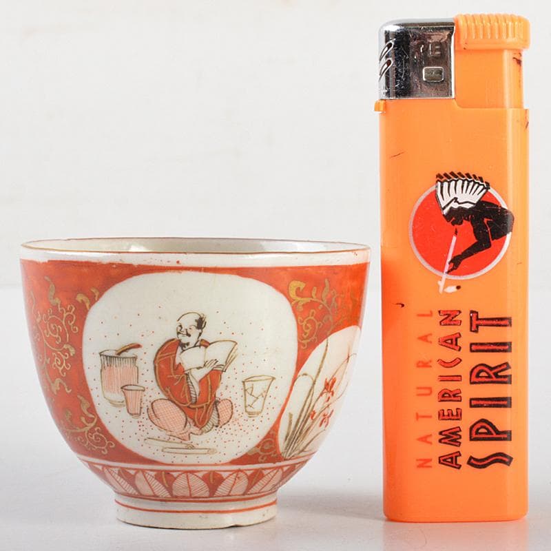 煎茶道具　九谷焼　赤絵金彩　人物花文　煎茶碗　五客　碗筒付　M　R7118