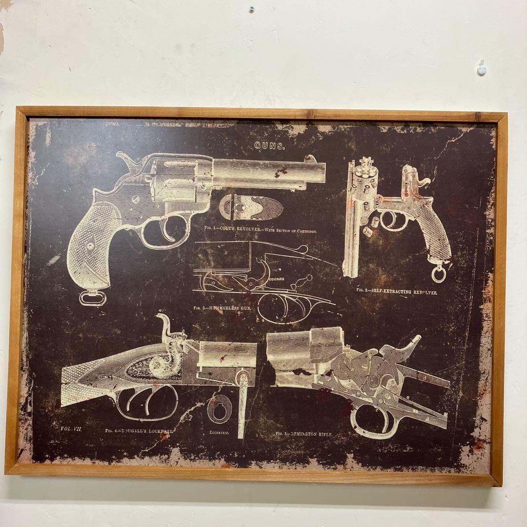 特大　ビンテージ銃器図面アートプリント木製額縁