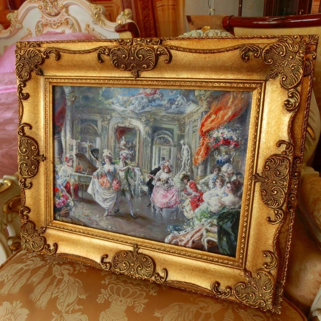 ロココ額絵　貴族の舞踏会　アンティークゴールドダブルフレーム　55cm/45cm