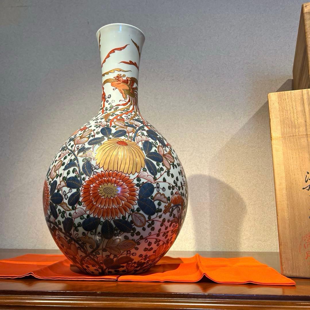 ご売約・館林源右衛門作　超大型　色絵金彩　牡丹唐草鳳凰文瓶　共箱　外商
