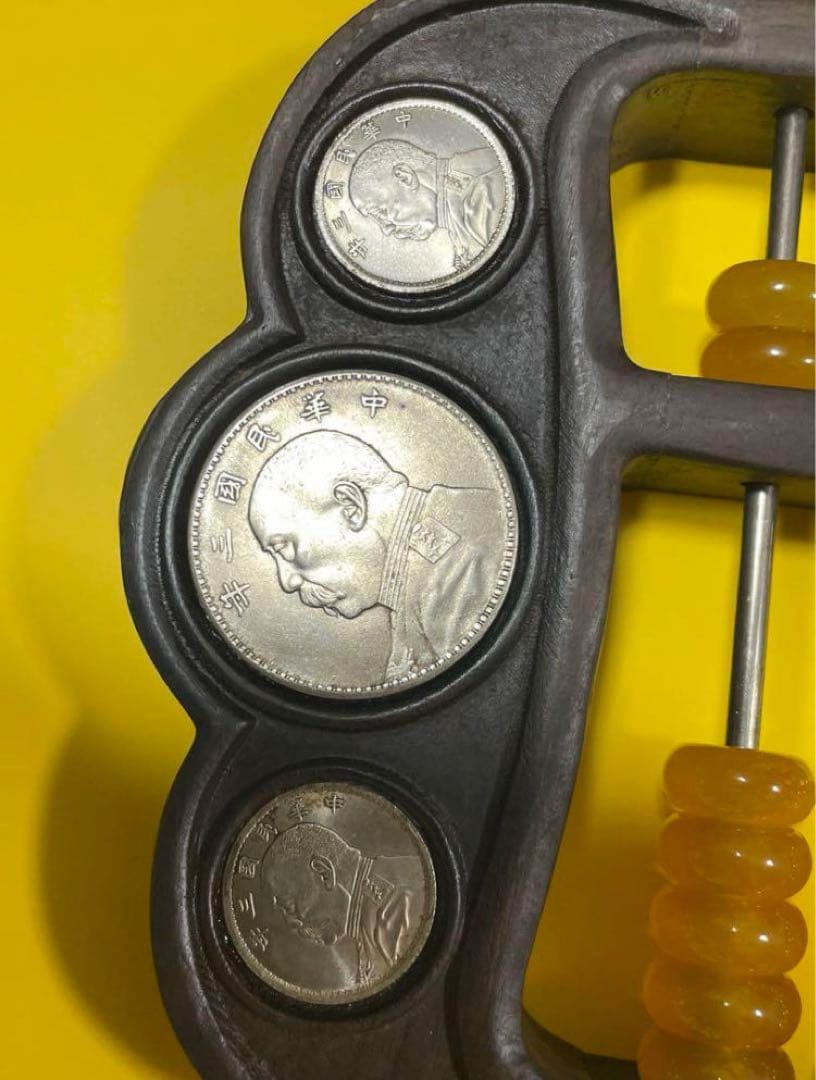 中国古美術品　中国骨董品　中華民国檀木製銀元嵌　高冰種黄翡翠珠算盤　極細工古賞品