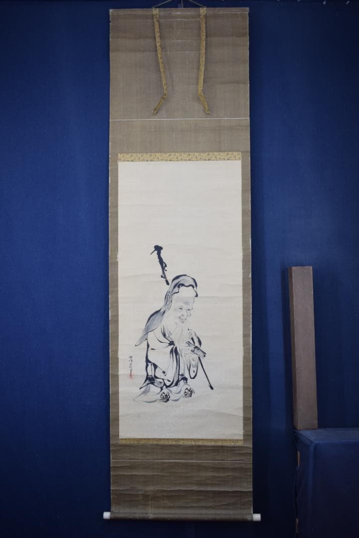 【真作】狩野伊川院栄信/寿老人図/七福神の内/掛軸☆宝船☆Y-612　JM