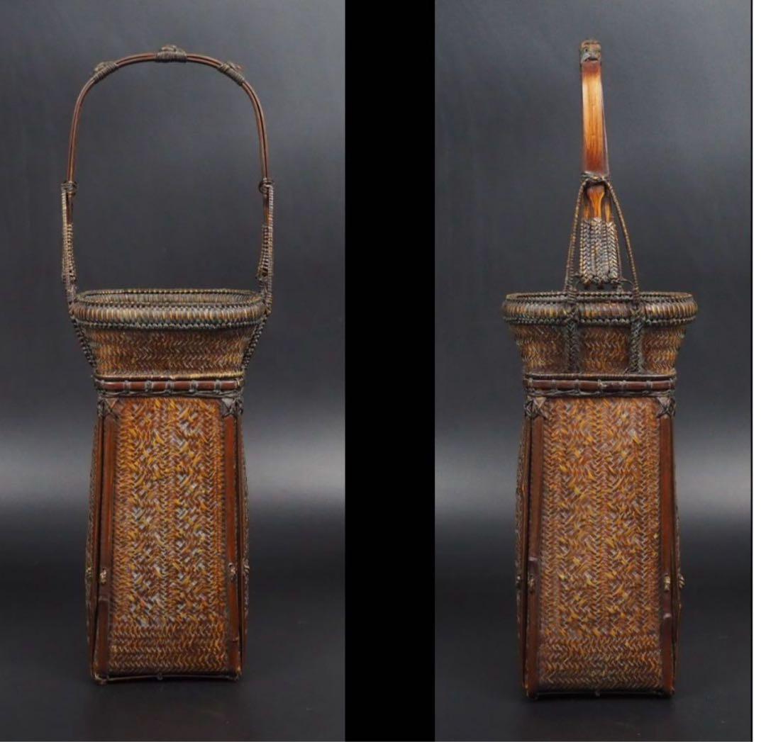 送料無料　竹細工　竹製花籠　花入れ　華道具茶道具　検/花器竹編竹製竹籠 花入