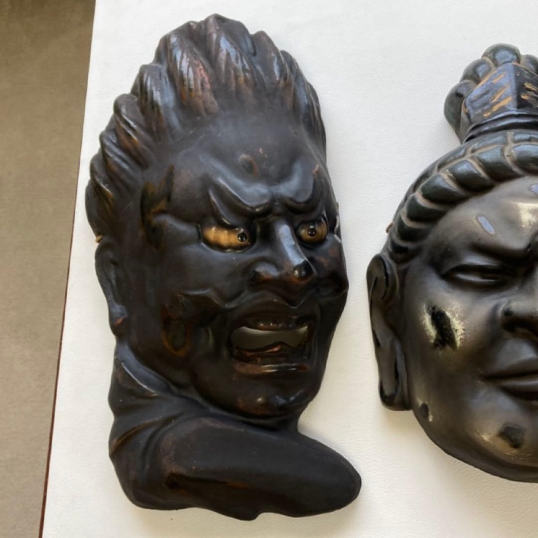 伐折羅大将 広目天⁇ お面 壁掛け 乾漆⁇ 仏教 美術 2点 骨董品 レトロ