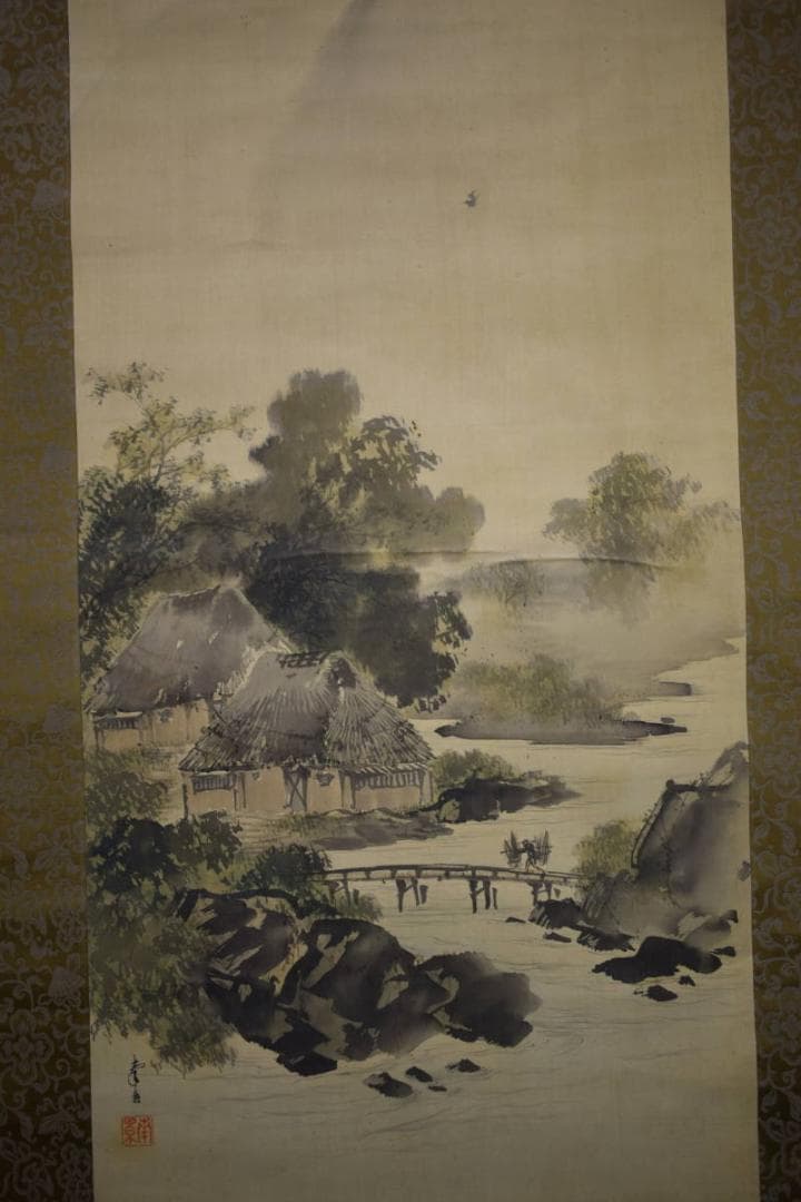 真作/南景/山水帰樵人物図/布袋屋掛軸HJ-390