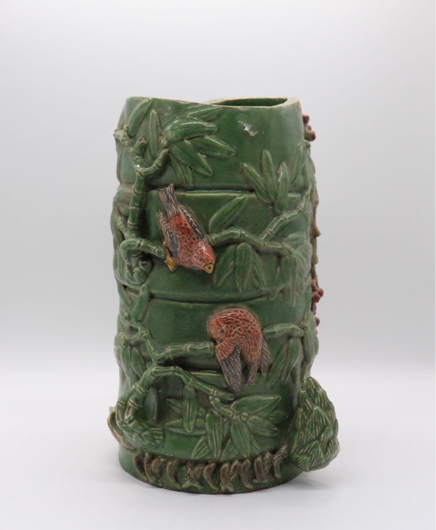 中国　緑釉竹雀　筆入　易叟居　送料込み0225