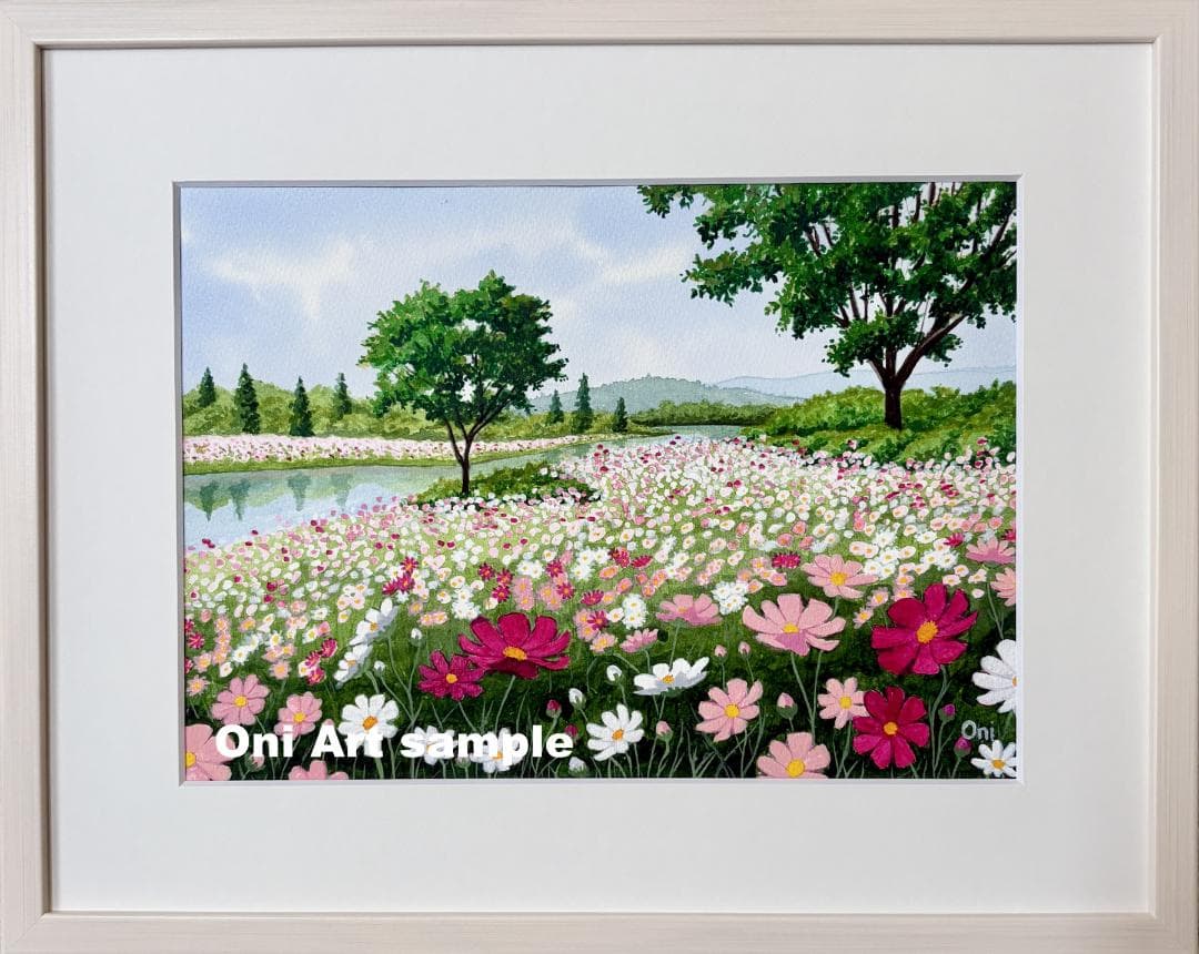 透明水彩画　原画　「コスモスの川辺」額縁付き　F4サイズ　風景画