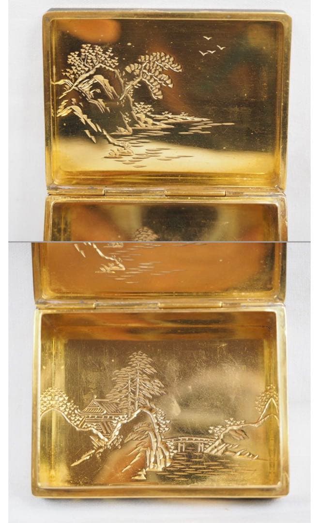 送料無料　明治期名工　藤井美豊作　金象嵌山水富士山図小箱 内金鍍金　木箱付