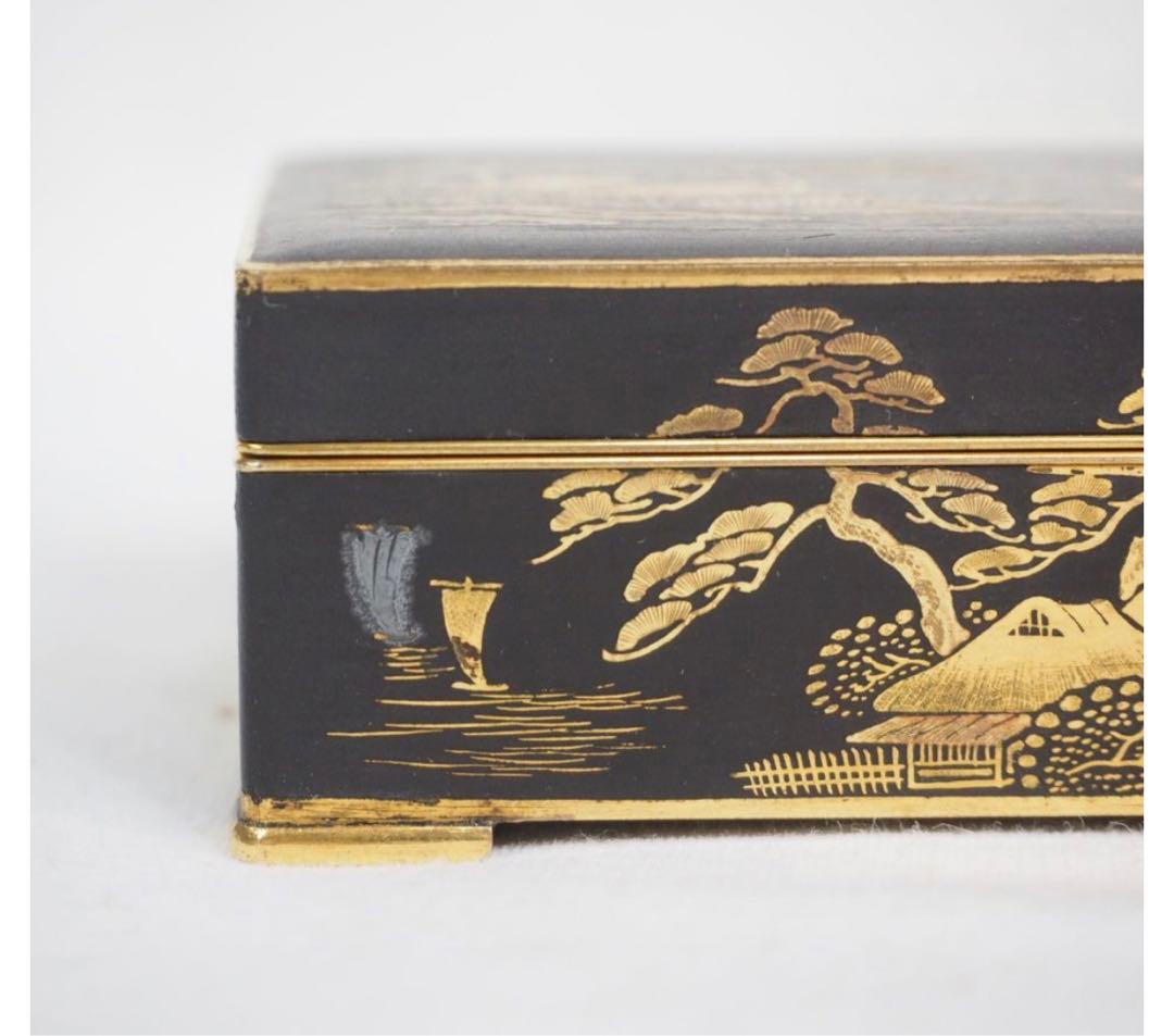 送料無料　明治期名工　藤井美豊作　金象嵌山水富士山図小箱 内金鍍金　木箱付