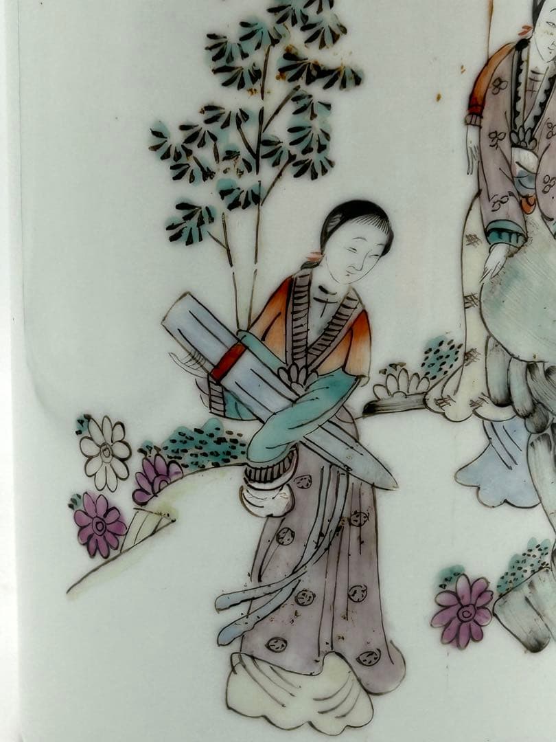 岐No28 中国　清時代　粉彩筆筒② 帽筒　美女図　同治年製　送料込み0503