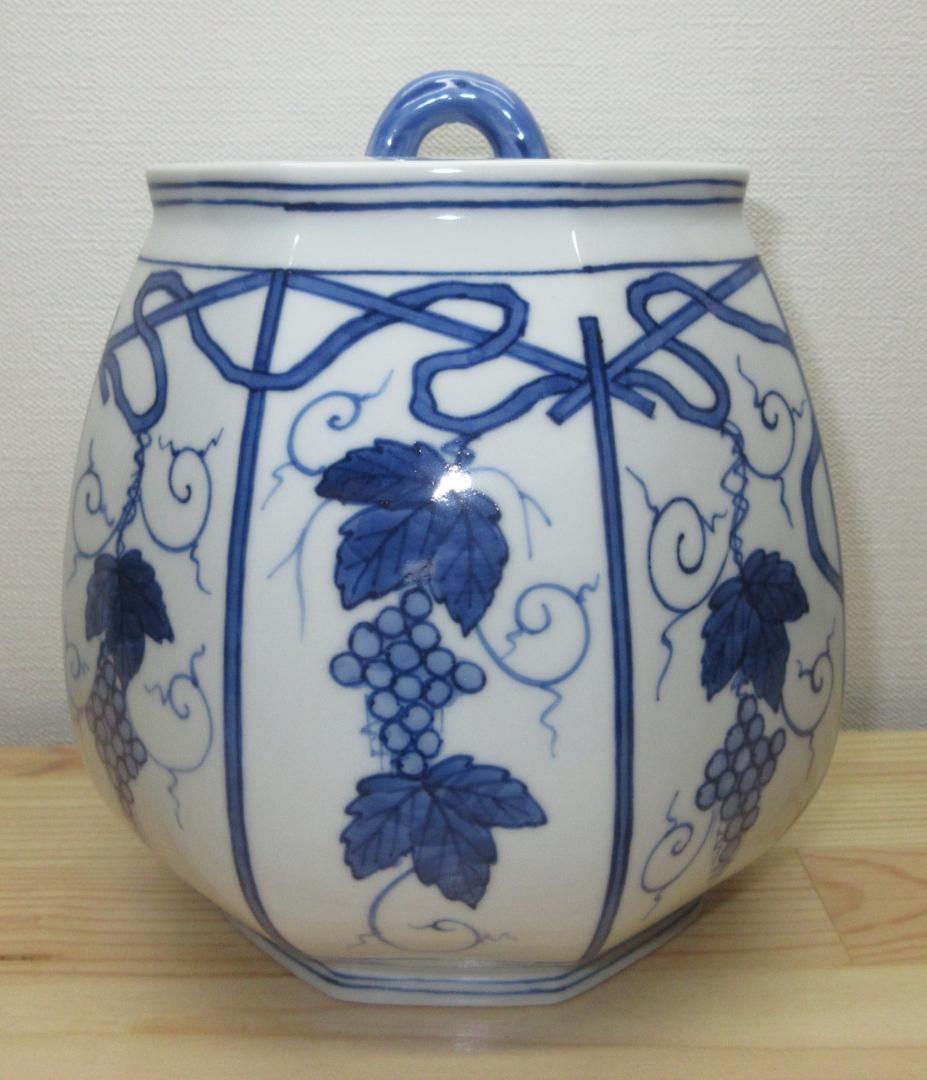 送料込【逢絢亭】茶道具 水指 京焼 染付 葡萄棚の図 西村徳泉 共箱入り