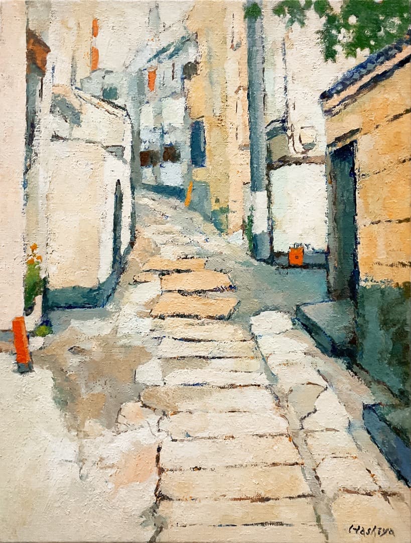絵画 449 油絵/風景/街角/東京/四谷荒木町の路地/石畳/F6号