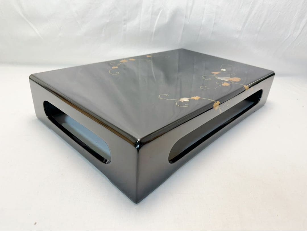 ほぼ未使用 華道具 木製黒真塗 花蒔絵 螺鈿付 花台 飾台 置台 盆栽台 共箱