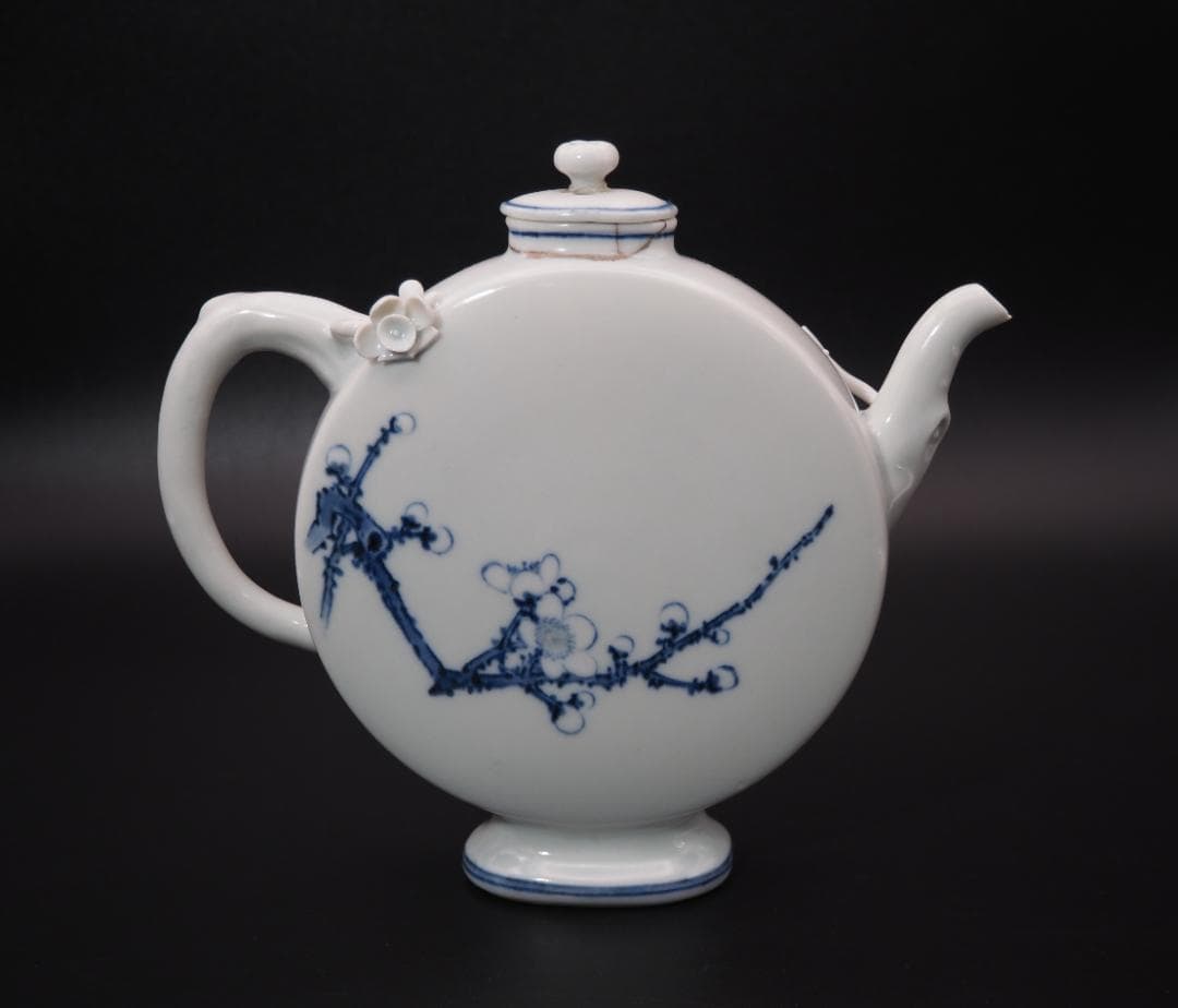 初代真葛香山 宮川香山 白磁青華梅花図水注 釉下彩/共箱