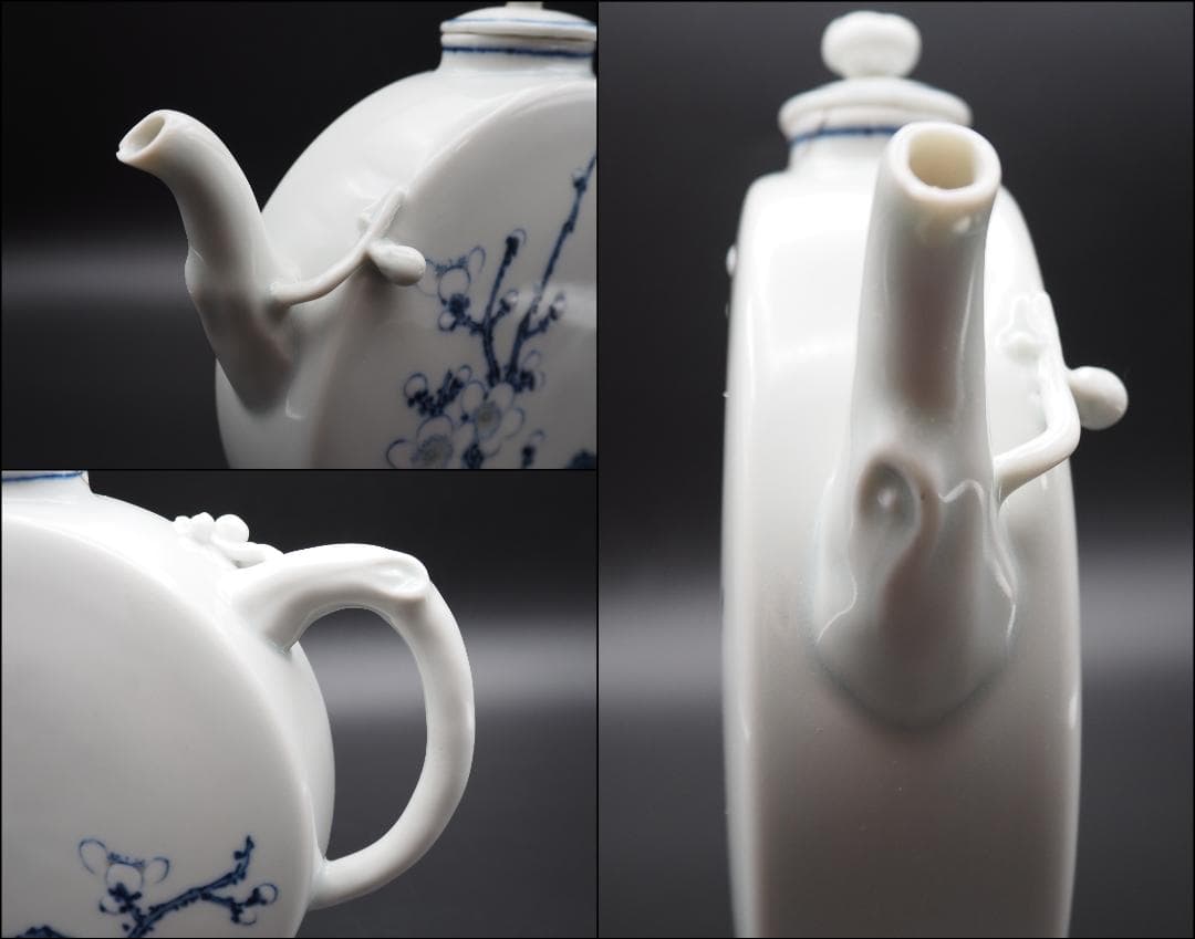 初代真葛香山 宮川香山 白磁青華梅花図水注 釉下彩/共箱