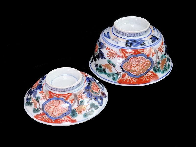 古伊万里　金襴手　窓絵　花鳥紋の図　蓋茶碗　５客　C884AS-CEv