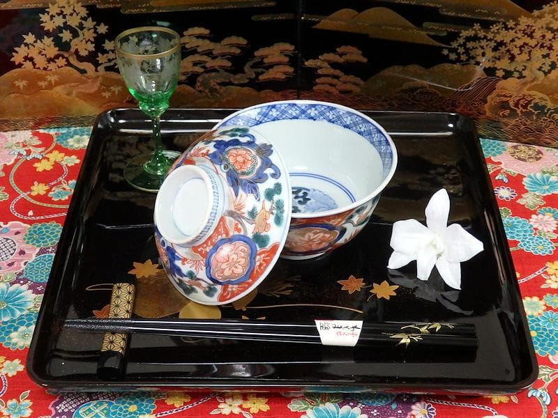 古伊万里　金襴手　窓絵　花鳥紋の図　蓋茶碗　５客　C884AS-CEv