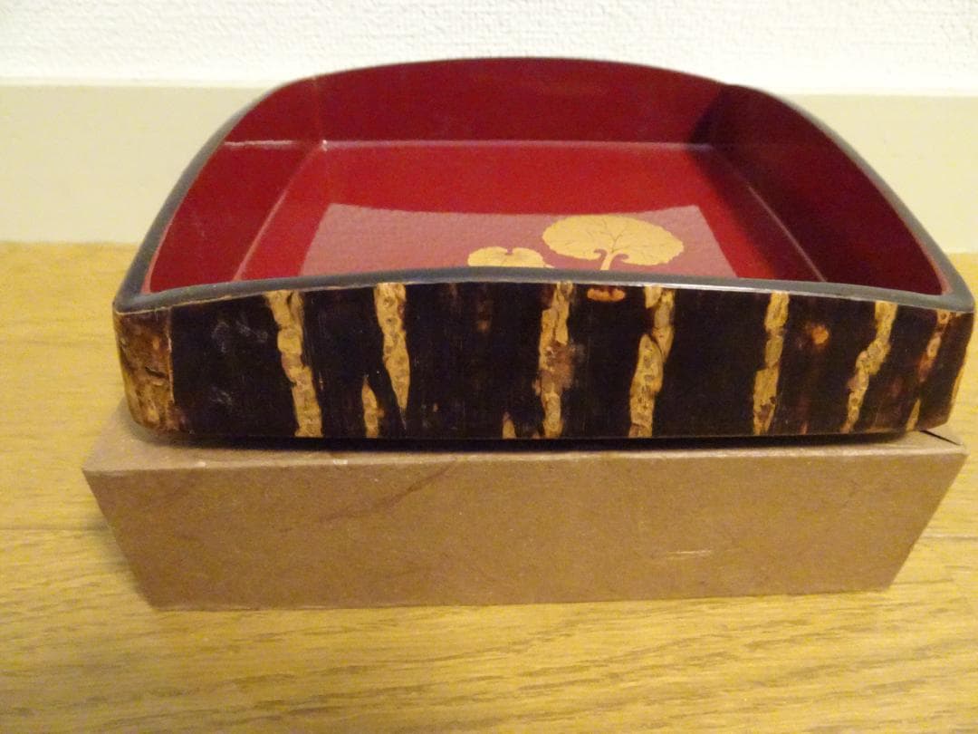 桜皮細工 長盆（欅材の桜皮貝入鉄仙）＆　桜皮細工角鉢　2個セットno-10