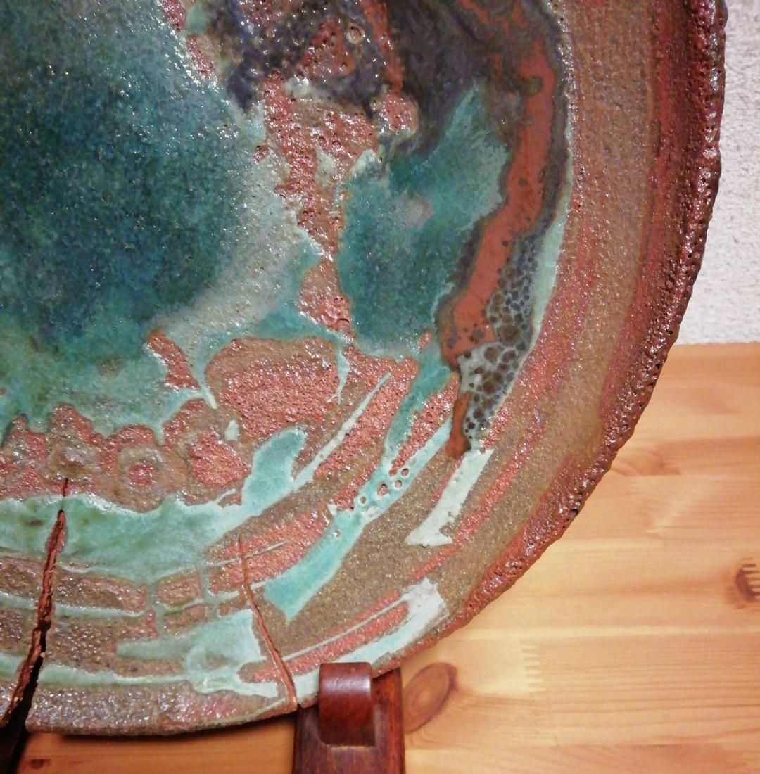 松井康成作　織部釉額皿　織部焼　共箱　略歴付