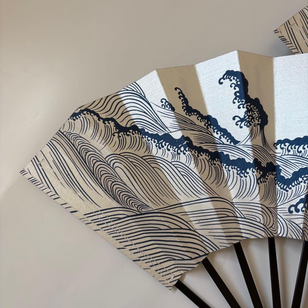 (1007)舞扇　3本セット　波柄　パール　白　青