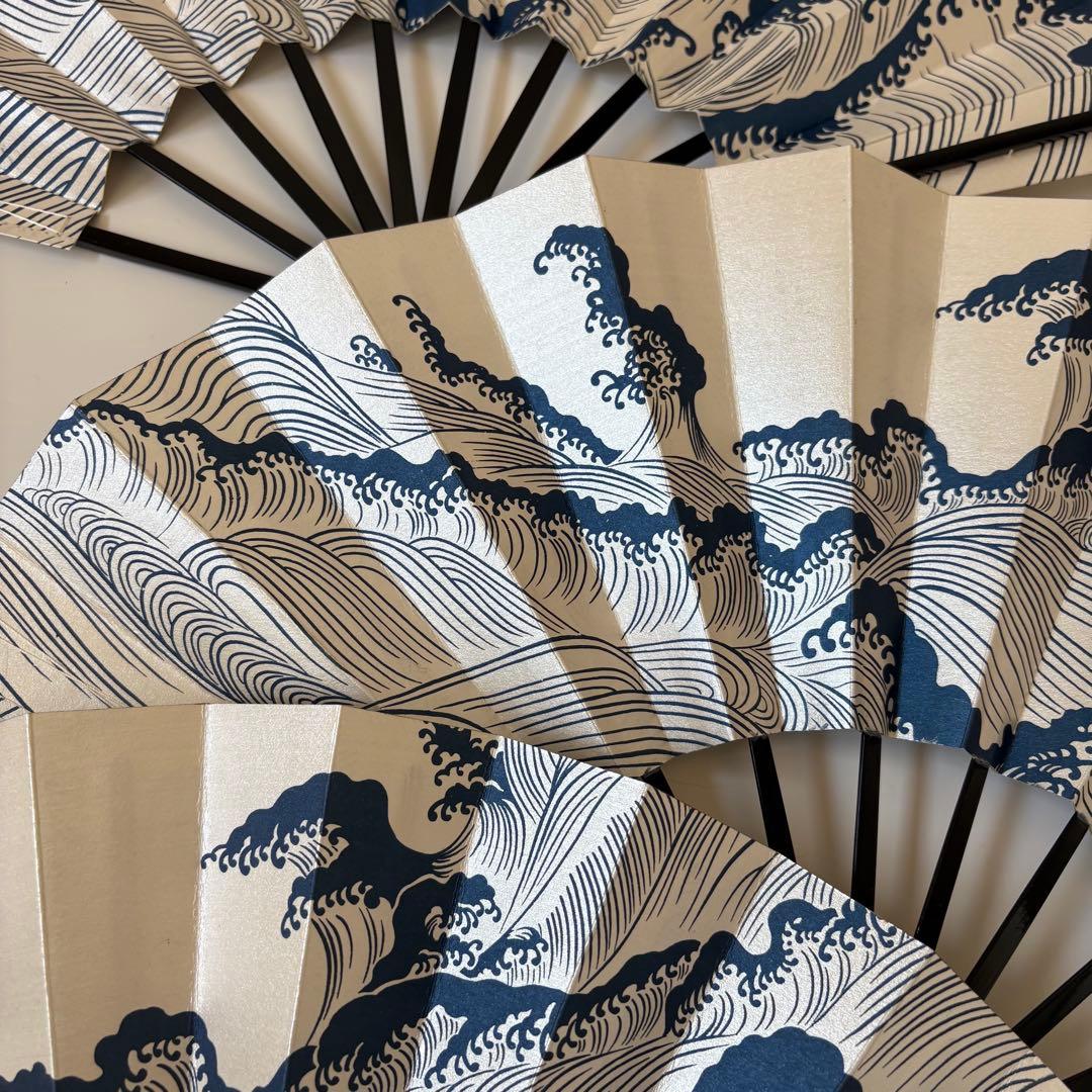 (1007)舞扇　3本セット　波柄　パール　白　青