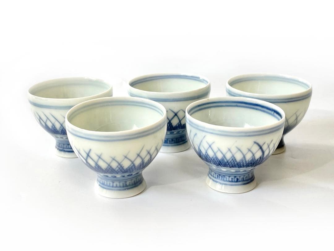 骨董　染付　草文様　盃　杯　猪口　5点　煎茶碗　煎茶道具　染付磁器