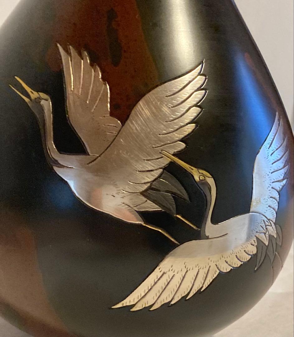 青銅花瓶 芳幸 作　共箱付き　双鶴　彫金　高岡銅器　ブロンズ　飾り壺　花器