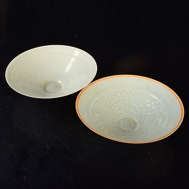 中国　影青　青白釉　陽刻　鳳凰花文　唐子文　鉢　2点　時代箱付　M　R7779