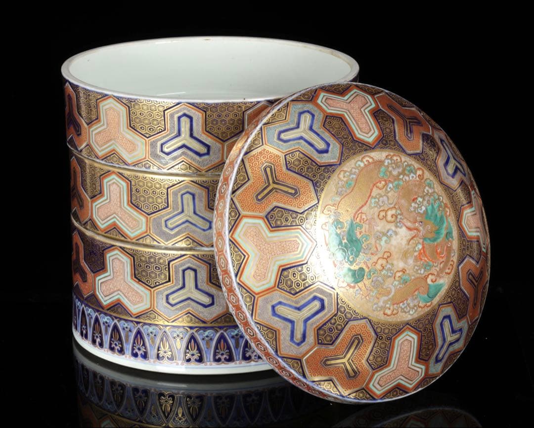 【希少古伊万里】金襴手龍文様三段重 重箱 豪華絢爛色絵金彩細工 古美術 骨董品