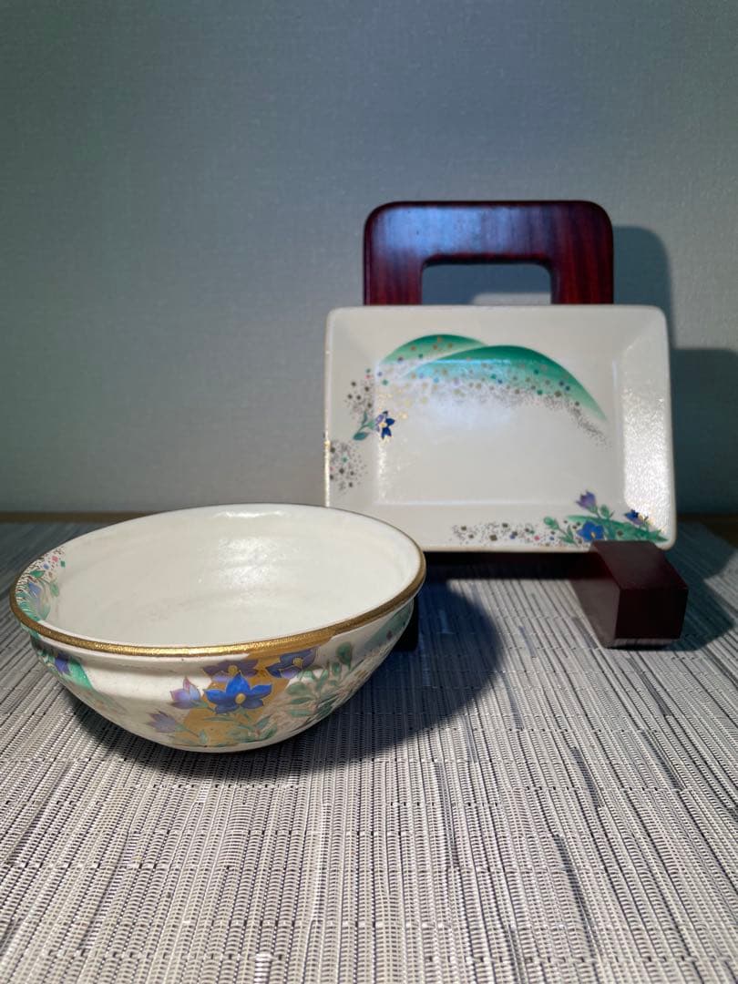 133桑野むつ子 京都 御所の花十二ヶ月【9月桔梗】抹茶椀・和陶皿 しおり付き