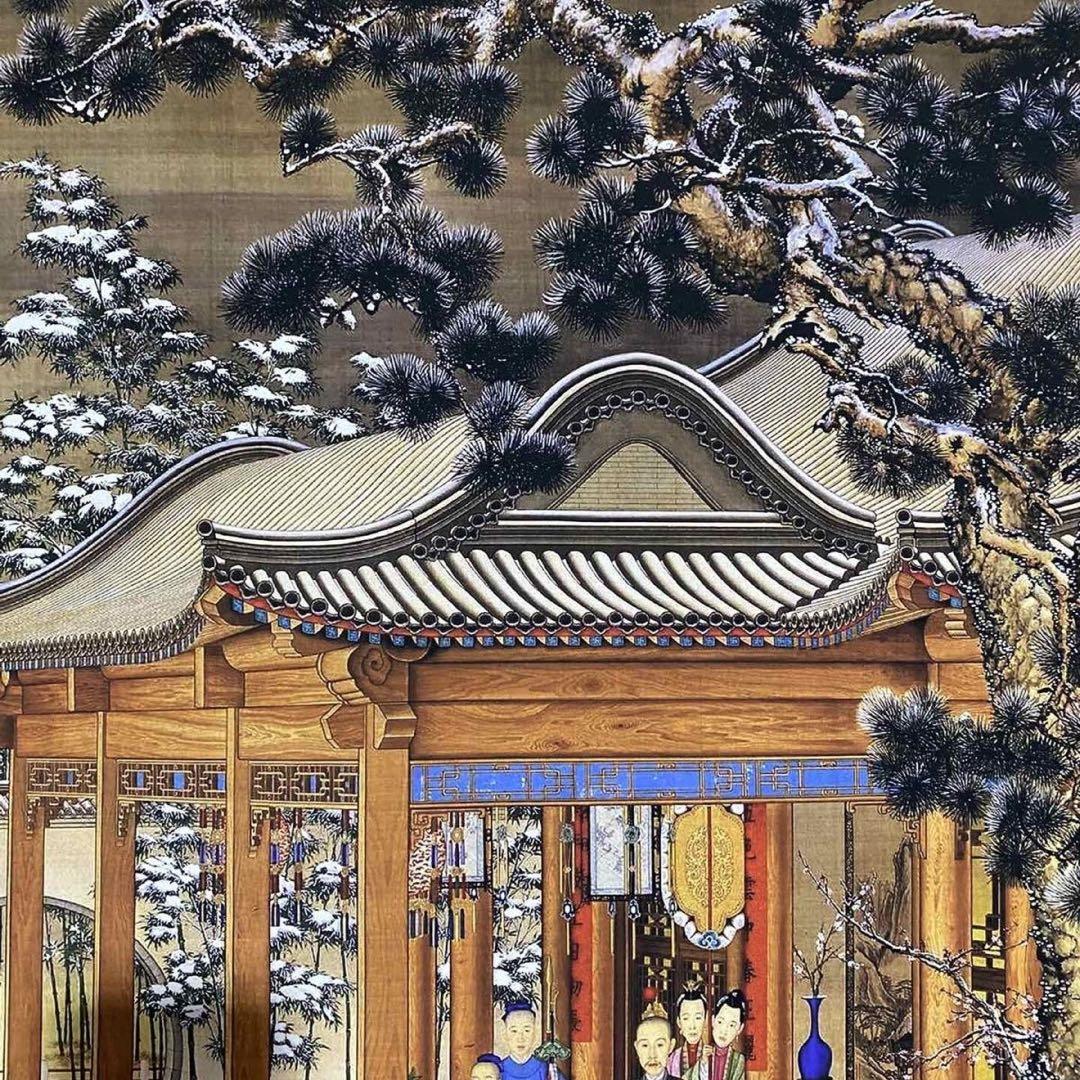 郎世寧 雪景人物図　四尺中堂掛け軸　中国宮廷画　宣紙　書画工芸