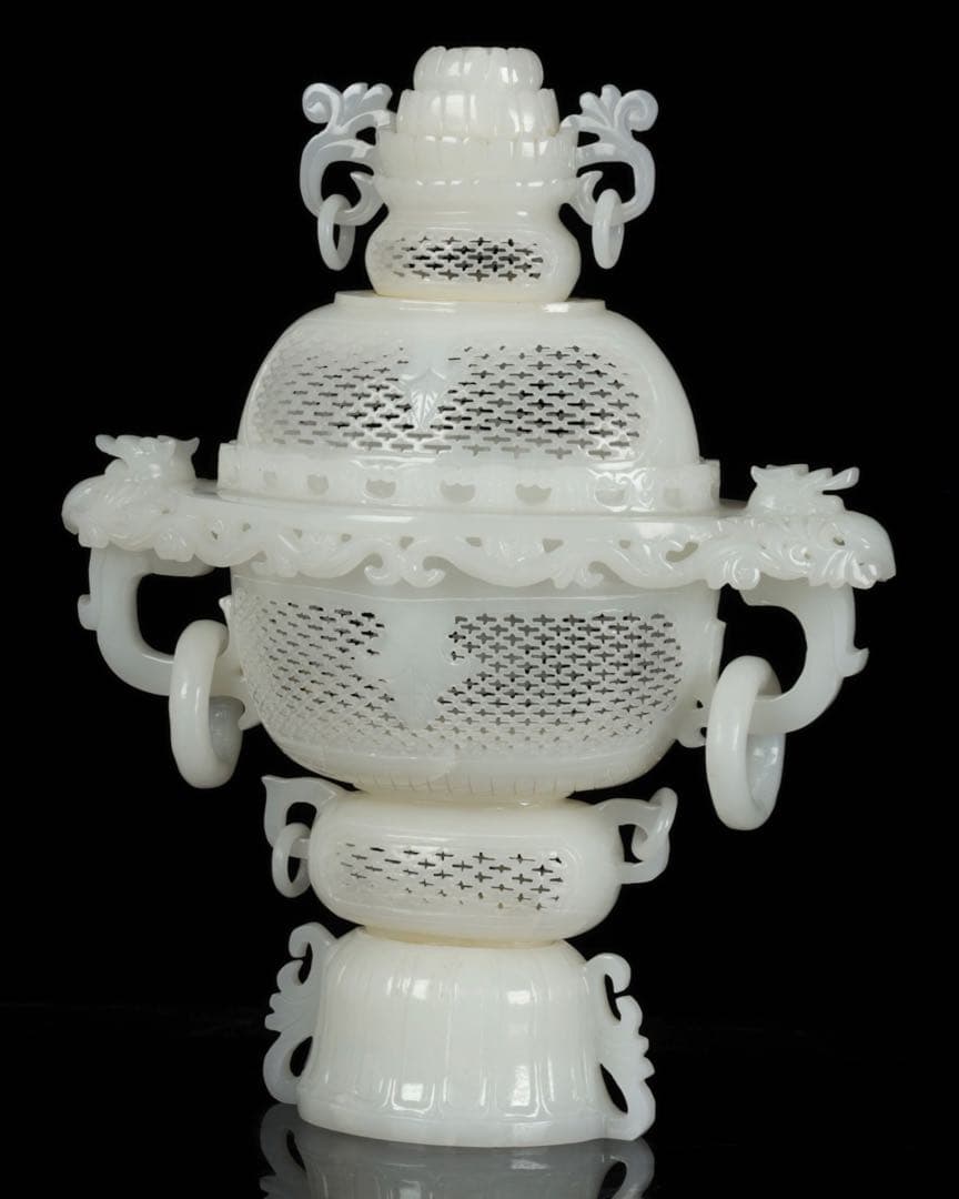 大*発様 中国古玩 白玉石大香炉 龍透彫細密彫刻 高さ36cm 唐物 古美術品