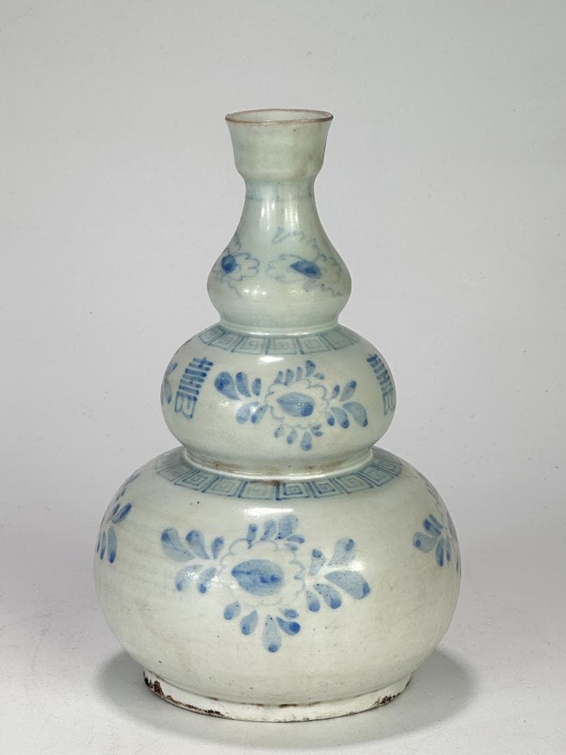 韓国美術　李朝時代　白磁　染付 青花　寿字文　花卉文　瓢箪瓶　花瓶 朝鮮古陶磁