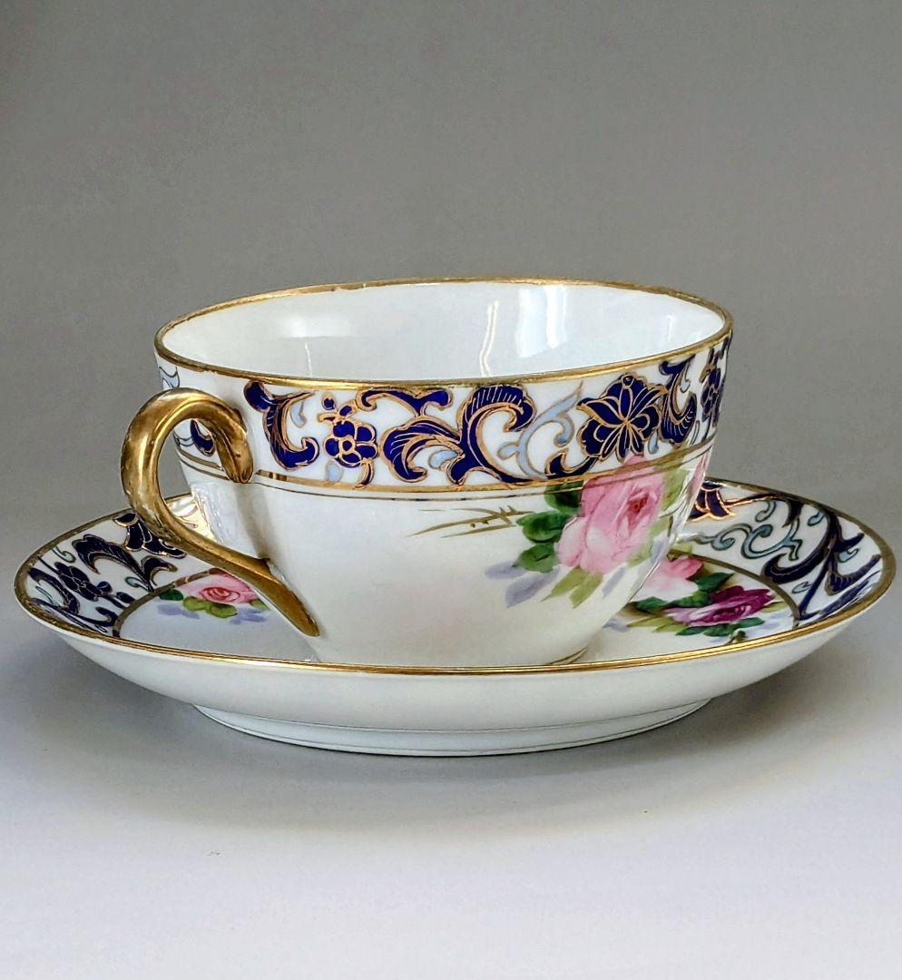 オールドノリタケ銘品!! 金彩藍帯薔薇図紋　キャビネットカップ＆ソーサー