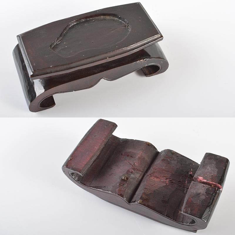 中国　玉石鶏血石彫刻　楼閣山水雕　置物　唐木台付　W　R6238