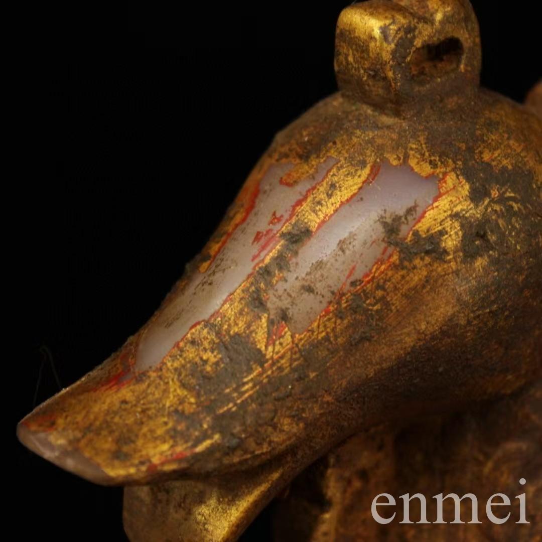 中国古美術・旧蔵白玉鎏金彩絵の鴨置物・置物・文房具・インテリア