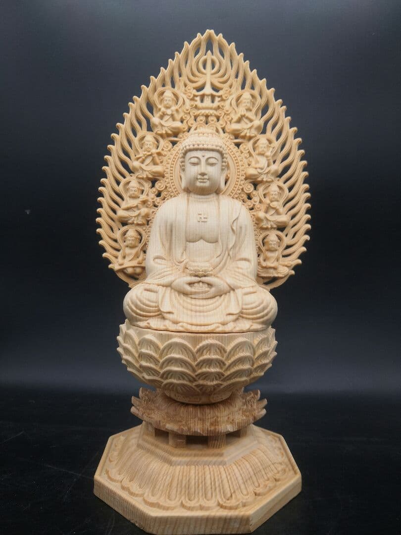 【修縁堂】仏像 阿弥陀如来坐像 八角蓮華丸台座 木彫供養仏 仏教縁起物 祈願風水