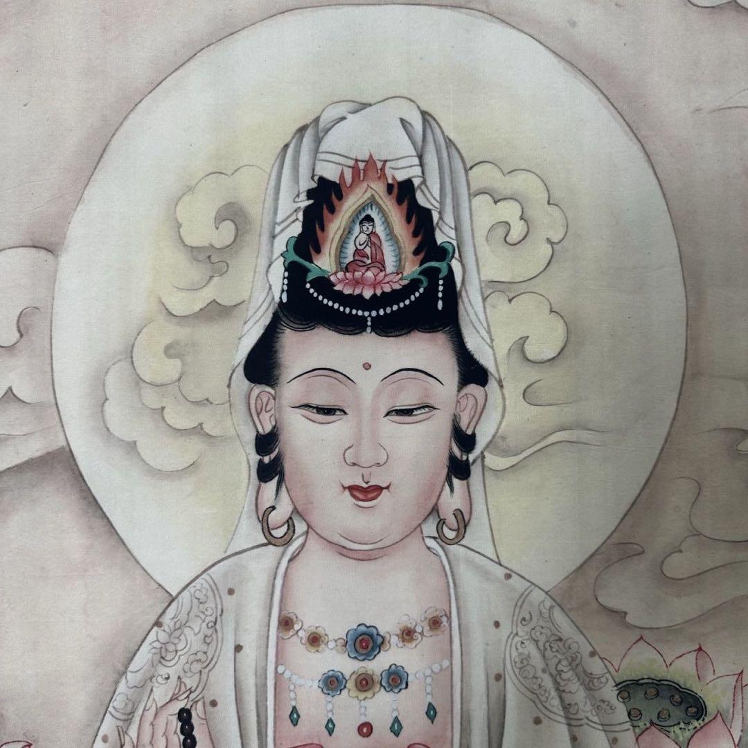 掛け軸 中堂 仇英 観音大士図 観音菩薩 仏画 佛画 蓮華 観音像 中国画