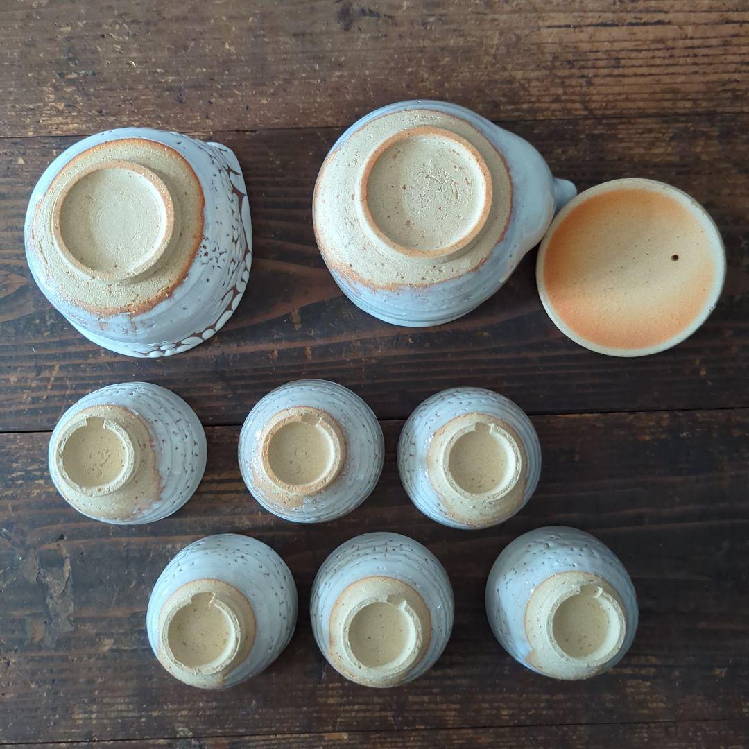 陶芸　茶道具　萩焼　天鵬山　煎茶器　鬼萩白釉　梅花皮【宝瓶　湯冷まし　湯呑み6】